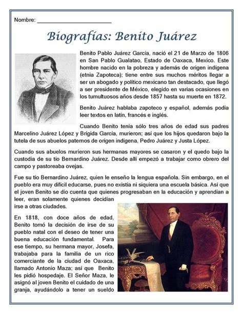 Biografías Benito Juárez | Comprension lectora para secundaria, Lectura ...