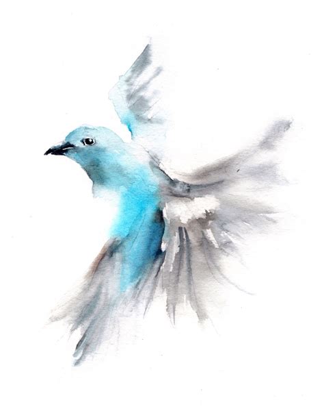 Bird art print Flying blue tanager, blue grey minimalist ...