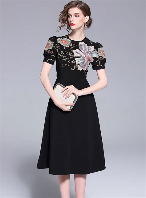 Black Elegant Floral Embroidered A Line Midi Dress | Fancylooks