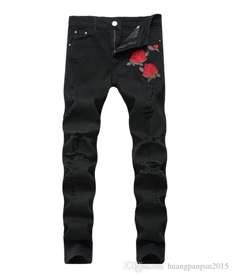 Black Ripped Jeans Men Flowers Rose Embroidered Men s ...