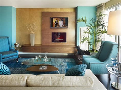 Blue Contemporary Living Room With Wood Fireplace | HGTV