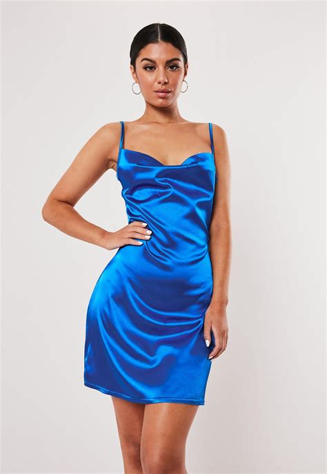 Blue Satin Strappy Cowl Neck Shift Dress | Missguided