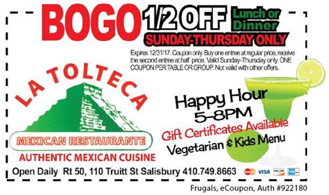 BOGO 1/2 OFF at La Tolteca Mexican Restaurant in Salisbury ...