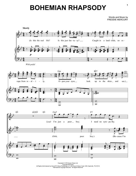 Bohemian Rhapsody Free Piano Sheet Music With Lyrics ...
