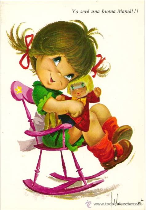 Bonita postal: niña con su muñeca en la mecedor   Vendido ...