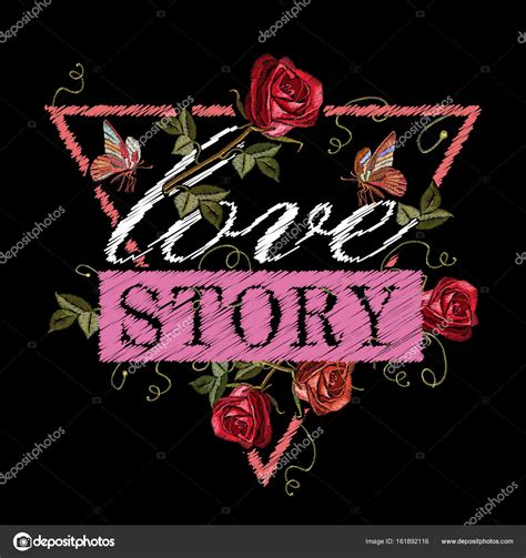 Bordado rosas y mariposas, eslogan historia de amor vector, gráfico ...