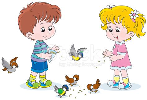 Boy and Girl Feeding Birds Stock Vector   FreeImages.com