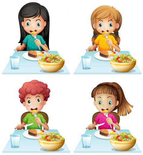 Boy and girls eating at the dining table Vector | Free ...
