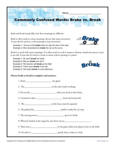 Brake vs Break Worksheet | Commonly Confused Words