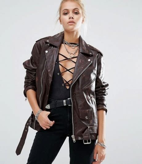 Brown Leather Biker Jacket Womens in Asymmetrical