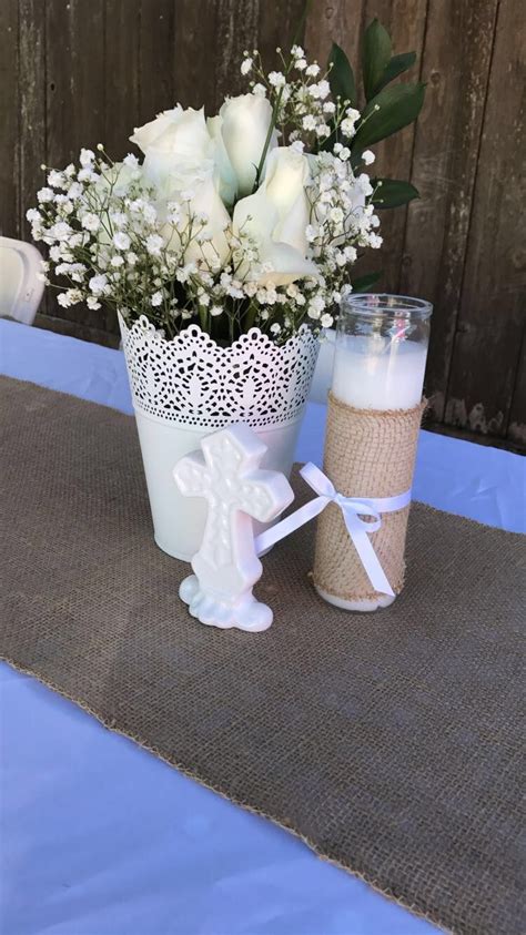 Burlap themed Centerpieces for baby girls baptism | My ...
