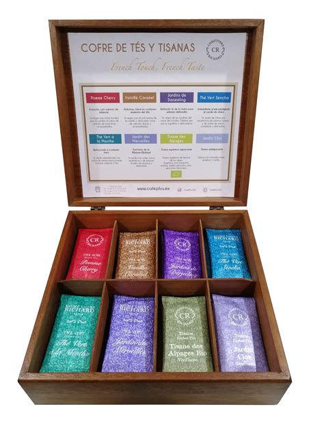 Caja de madera con 8 tipos de té y tisanas   Café Plus