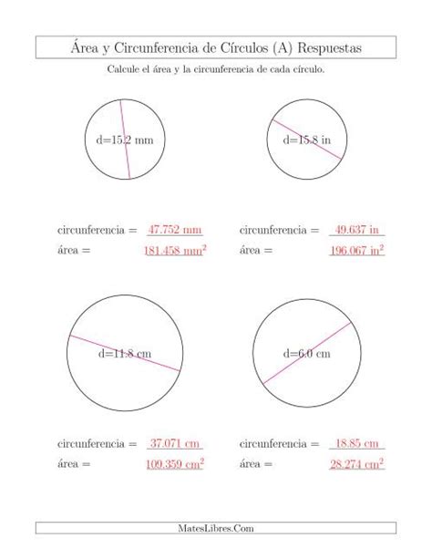 Calcular la Circunferencia y el Área de Círculos a Partir del Diámetro  A