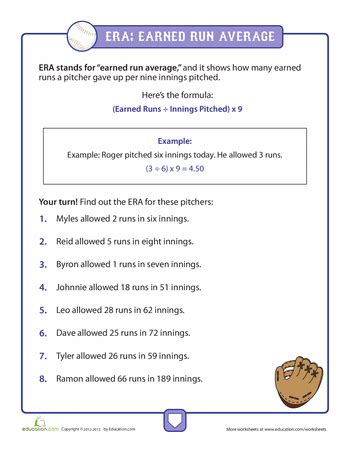 Calculating ERA in Baseball | 7th grade math, Worksheets ...