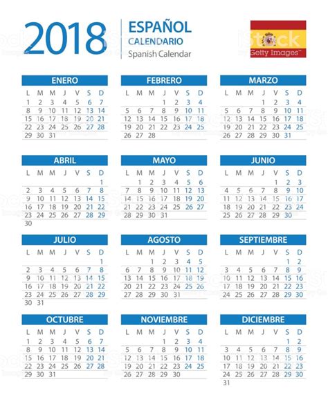 Calendar 2018 Vertical Blue Spanish Version Stock Vector ...