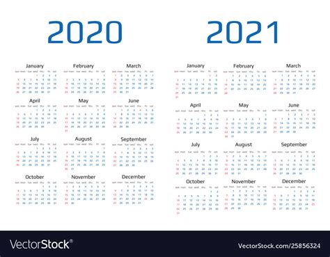 Calendar 2020 and 2021 template 12 months Vector Image
