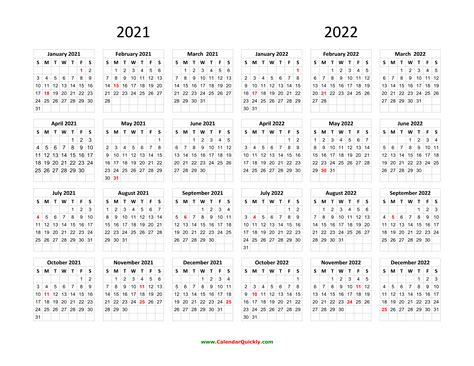 Calendar 2021 and 2022 on One Page | Calendar Quickly