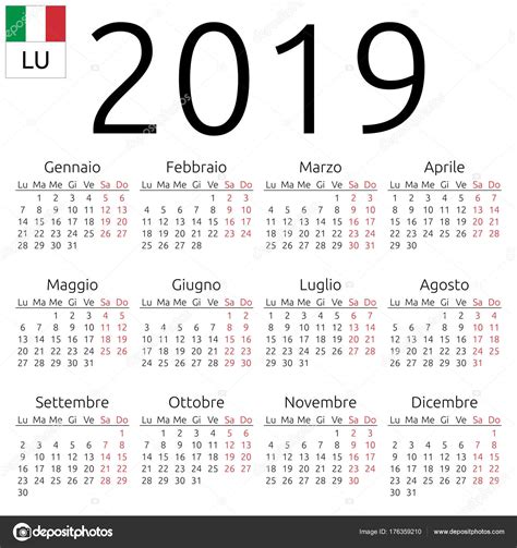 Calendario 2019, italiano, lunedì   Grafica Vettoriale  Dmitry ...
