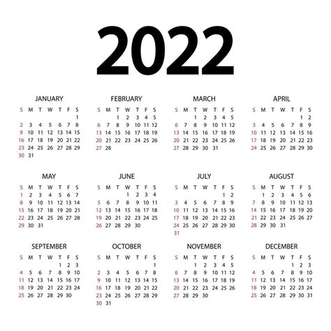calendario 2022 año. la semana comienza el domingo. plantilla de ...