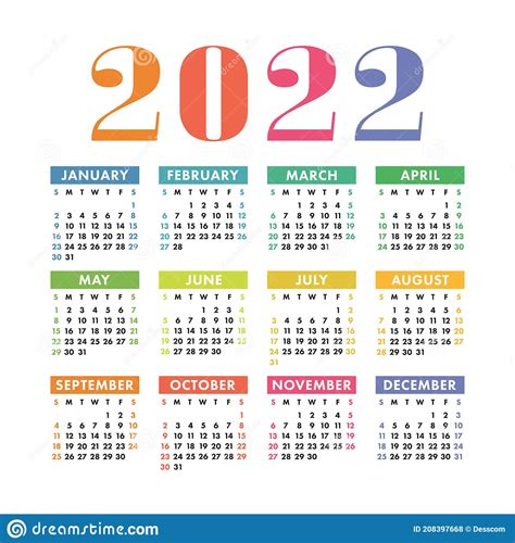 Calendario 2022 Año. Pared Cuadrada Vectorial De Color Inglés O ...