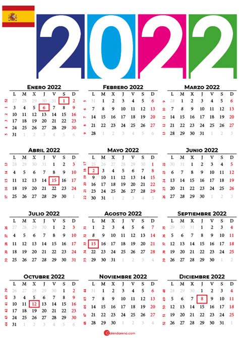 Calendario 2022 con días festivos | Calendario, Calendario con dias ...