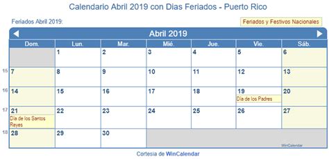Calendario Abril 2019 para imprimir   Puerto Rico