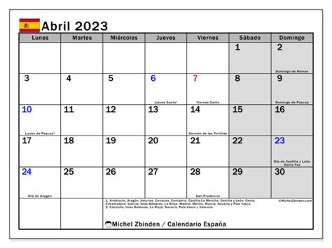 Calendario abril de 2023 para imprimir “España” Michel Zbinden ES