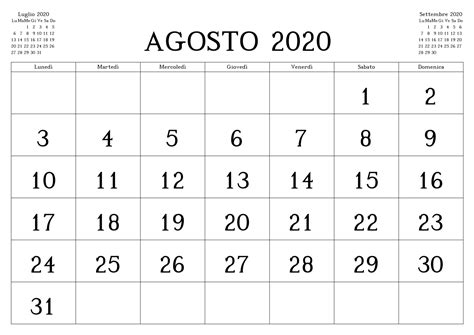 Calendario Agosto 2020 da Stampare Gratis | nosuvia.com ...