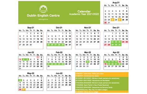 Calendario año escolar Irlanda 2021/2022 con fechas exactas.