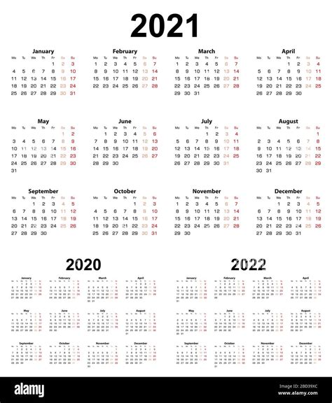 Calendario básico para los años 2021 y 2020, 2022. La ...