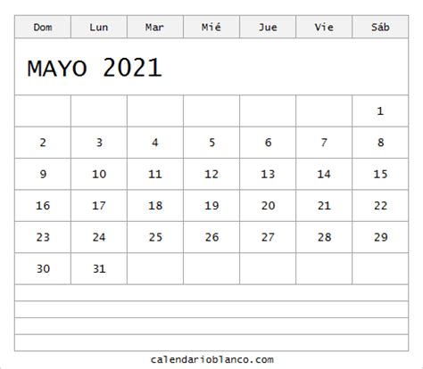 Calendario Blanco Mayo 2021   Calendario 2021 Para Imprimir