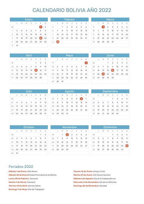 Calendario de Bolivia año 2022 | Feriados