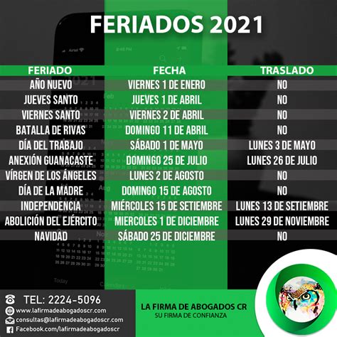 Calendario de Feriados 2021 | La Firma de Abogados Costa Rica