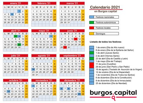Calendario de Festivos 2021 en Burgos capital