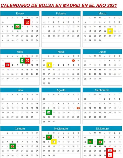 Calendario de festivos en bolsa española en 2021