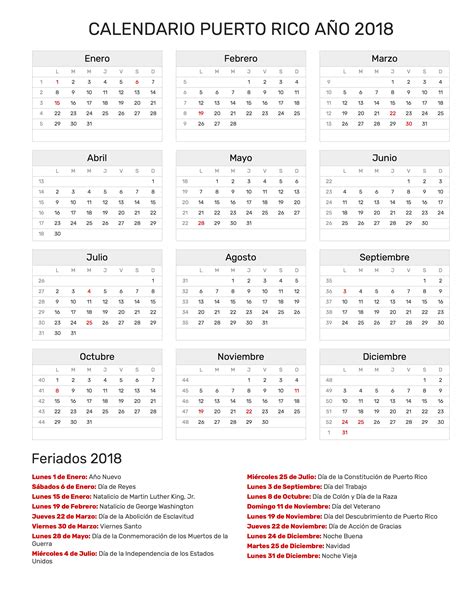 Calendario de Puerto Rico Año 2018 | Feriados