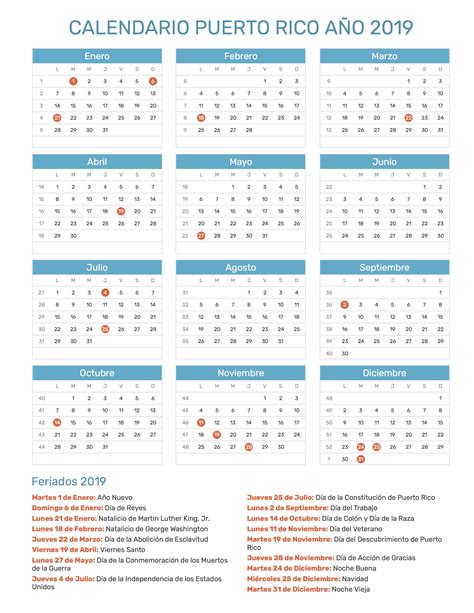 Calendario de Puerto Rico Año 2019 | Feriados
