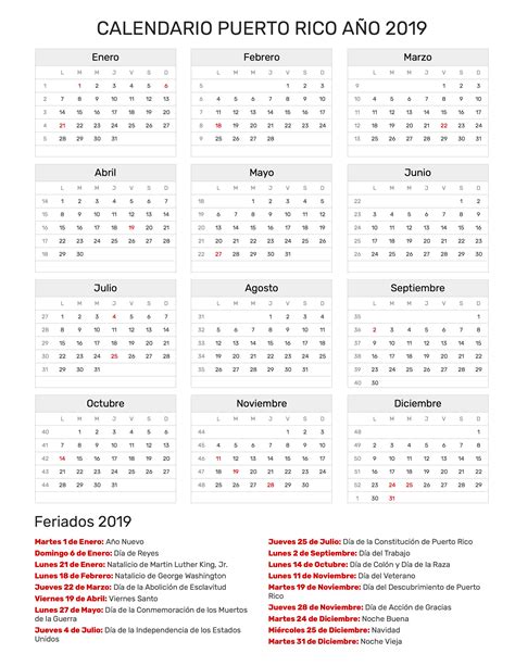 Calendario de Puerto Rico Año 2019 | Feriados