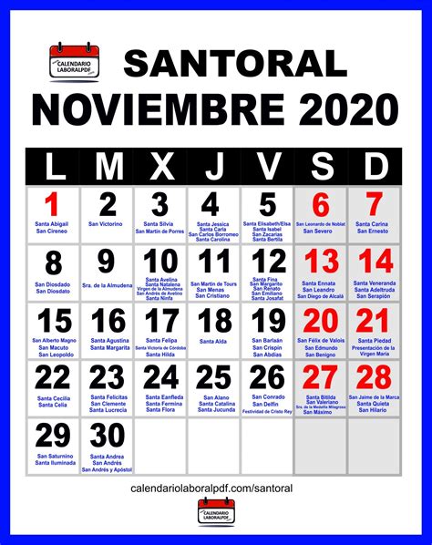 Calendario de Santos Noviembre 2020 // Santoral Católico ...