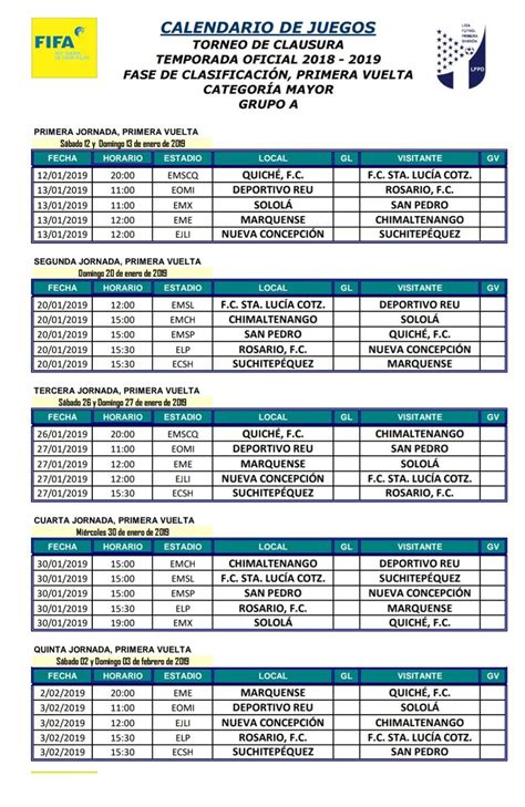 Calendario del Torneo Clausura de la Primera División | Grupo A