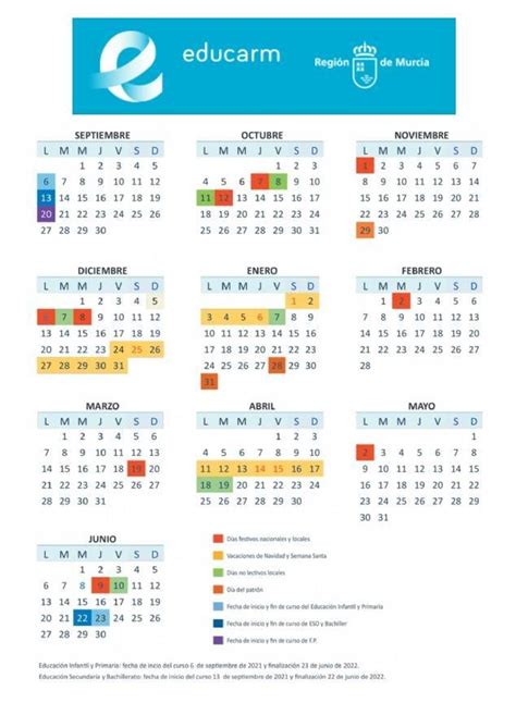 Calendario escolar 2021 2022 en Murcia ️ ️️