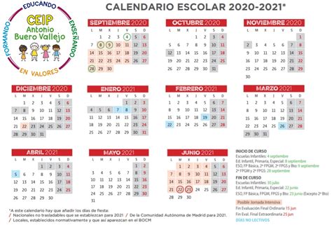 Calendario escolar curso 2020 2021   Colegio Buero Vallejo de San ...