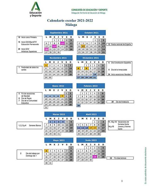 Calendario escolar de Málaga para el curso 2021 2022 | La ...