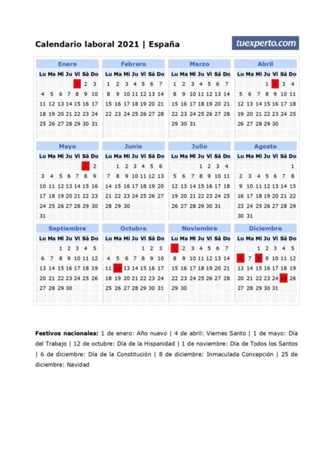 Calendario laboral 2021, calendarios con festivos por ...