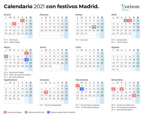 Calendario laboral Comunidad de Madrid 2021.   Horizon Abogados
