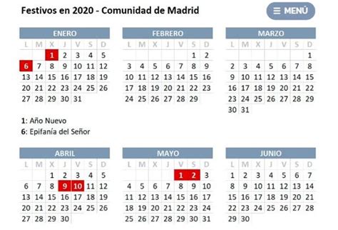 Calendario laboral de la Comunidad de Madrid en 2020