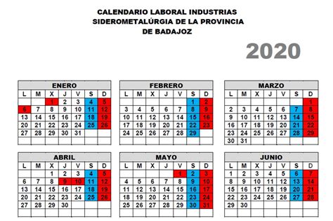 CALENDARIO LABORAL INDUSTRIA SIDEROMETALÚRGICA PARA 2020 ...