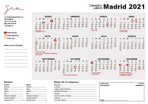 CALENDARIO LABORAL MADRID 2021   GRUPO GIE