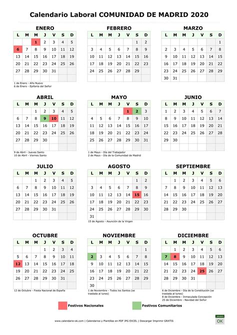 Calendario Laboral 【COMUNIDAD DE MADRID 2020】 para IMPRIMIR