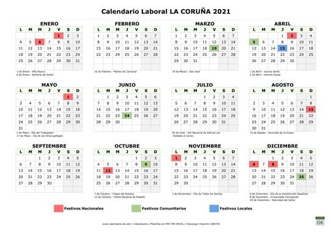 Calendario Laboral 【LA CORUÑA 2021】 para IMPRIMIR